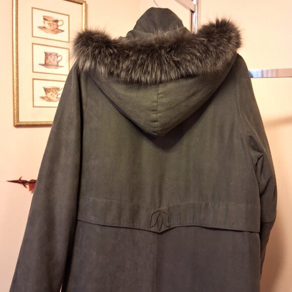Preowned Utex Design Olive Green Warm Long Coat with Hood Windproof Outerwear - Picture 9 of 16